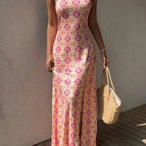 Elegant Pink and Cream Maxi Dress